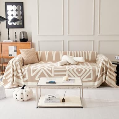 VClife Boho Couch Cover for 3 Cushion Couch Chenille Sofa Cover Sectional Sofa Cover for Dog, Modern Khaki Sofa Slipcover Washable Couch Covers for L-Shape Sofa Reversible Sofa Protector 71''x134'' - Image 1