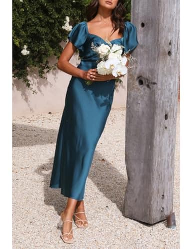 Summer Satin Flutter Sleeve Wedding Guest Dresses for Women Sweetheart Neckline Cutout Tie Back Midi Cocktail Dress Teal - Image 2