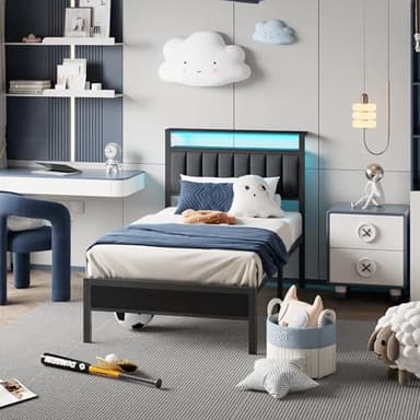 Furnulem Twin Size Bed Frame with Charging Station and LED Lights, Platform Bed with Metal Slats, Grey Upholstered Headboard with 2-Tier Storage Shelves, No Box Spring Needed - Image 3