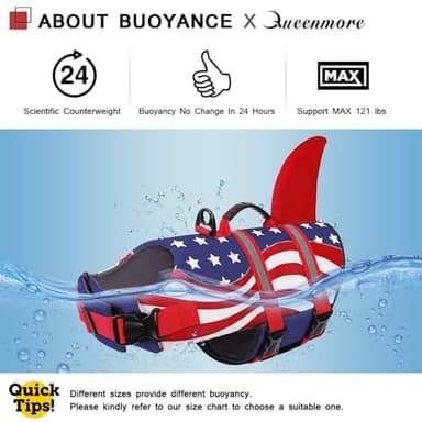 Queenmore Shark Dog Life Vest for Swimming, Pet Life Vests for Boating, High Buoyant DogLife Jacket, Ripstop High Flotation Swimsui for Small, Medium, Large Dogs (USA Flag,M) - Image 5