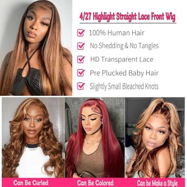 ROLKISA Highlight Ombre Lace Front Wig Human Hair 28Inch Honey Blonde Lace Front Wigs13x6 HD Lace Front Wig Human Hair 180% Density 4/27 Colored Straight Human HairPre Plucked - Image 3