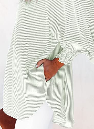 Womens Smocked Cuffed Striped Boyfriend Shirt Casual Collar Long Sleeve Oversized Button Down Blouse Tops with Pocket Shirred Light Green - Image 5