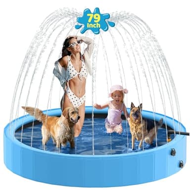 Raxurt Dog Pool with Sprinkler, 79'' Foldable Dog Pools for Large Dogs, 2-in-1 Sprinkler Pool Heavy Duty, PVC Non Slip Pet Bathing Tub for Outdoor Backyard, Blue - Image 1