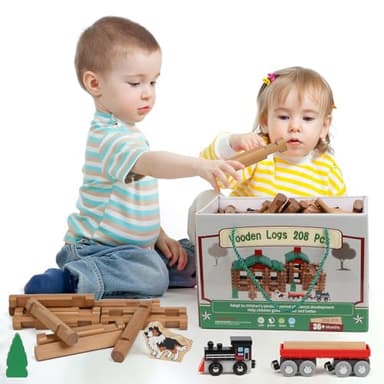 Wondertoys 208 Pcs Wooden Log Set - Classic Building Logs Ages 3+ - Best Retro Building Gift Set for Boys - Creative Construction Engineering Educational Gifts - Image 4