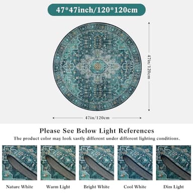 Moynesa Ultra-Thin Washable Round Rug - 4ft Oriental Circle Area Rugs for Bedroom Entryway, Teal Vintage Non Slip Non Shedding Low Pile Carpet for Living Room Coffee Table Kitchen - Image 2
