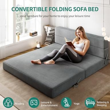 YITAHOME Convertible Folding Sofa Bed, Corduroy Fabric Fold Out Chair Bed, High-Density Memory Foam Floor Futon Couch for Living Room Bedroom Guest Use Apartment, Grey, Queen Size - Image 4