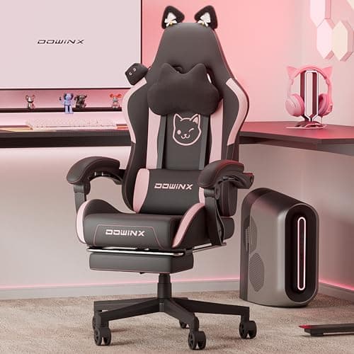 Dowinx Gaming Chair Cute with Cat Ears and Massage Lumbar Support, Ergonomic Computer Chair for Girl with Footrest and Headrest, Comfortable Reclining Game Chair 290lbs for Adult, Teen, Black - Image 1