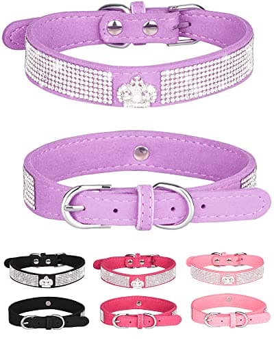 Dog Collar for Small Dogs, Adjustable Leather Suede Bling Dog Collars,Pink Dog Collar Cat Collar, Rhinestone Dog Collar (L, purple3) - Image 1