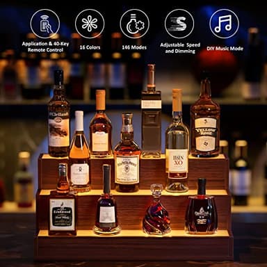 Cubehom LED Lighted Liquor Bottle Display Shelf, 24 Inch Bar Display Shelf with App & Remote Control 3 Tier for Home Bar, Party, Walnut - Image 4