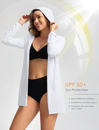Women's UPF 50+ Swim Cover Up Sun Protection Hoodie Long Jacket SPF Lightweight Beach Cover Ups for Women(White,M) - Image 2