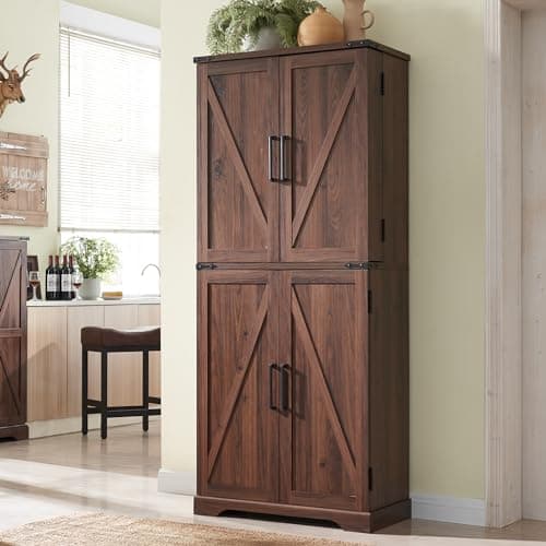 ACCOHOHO 72" Tall Kitchen Pantry, Farmhouse Storage Cabinet with Barn Doors, Organizer, Drawer and Adjustable Shelves, Rustic Wood Cupboard for Kitchen, Dining Room, Bathroom, Brown - Image 1