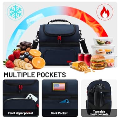 MIER Dual Compartment Lunch Bag Tote with Shoulder Strap for Men and Women Insulated Leakproof Cooler Bag, Dark Blue - Image 3