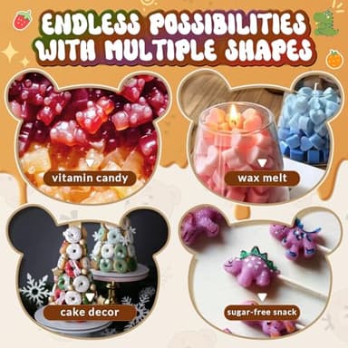 Gummy Bear Molds Silicone Mini Size, Non-Stick Chocolate Candy Gummy Mould for Kid with 2 Droppers Including Dinosaur, Bear, Hearts and Donut Shape 201 Cavities - Image 4