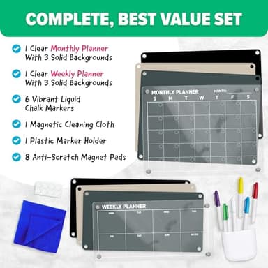 Acrylic Calendar for Fridge - Magnetic Calendar for Refrigerator - 2pc Family Refrigerator Magnetic Dry Erase Planning Board Monthly Weekly - 6 Liquid Chalk Markers & 3 Interchangeable Backgrounds - Image 2