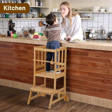 COSYLAND Toddler Standing Tower - Adjustable Height Toddler Kitchen Stool Helper - Kids Kitchen Step Stool for Learning with Removable Safety Railing Natural - Image 8