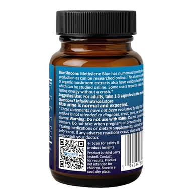 Nutricel Methylene Blue Capsules with Mushroom Extracts: Lion's Mane, Reishi, Cordyceps, Chaga, Shiitake, Turkey Tail - Trusted Made in America Brand - 7mg (USP Reference Compliant) (60ct) - Image 4