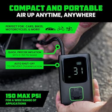 Rhino USA Tire Inflator Portable Air Compressor (150 PSI) Upgraded Air Pump for Car Tires with Digital Pressure Gauge - Best Mini Air Pump for Bike Tires with Dual LCD Screen (Black & Green) - Image 2
