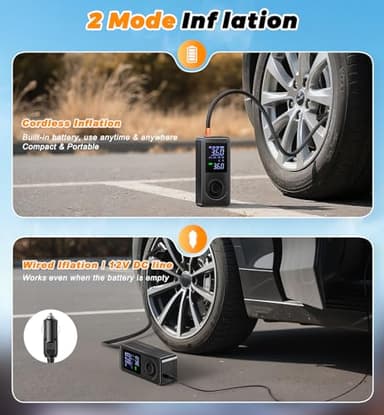 Tire Inflator Portable Air Compressor - 160PSI Fast Inflation Rechargeable Battery & 12V DC Adapter Powered Air Pump for Car Bike Motorcycle Tires Balls with LCD Display, LED Light, Pressure Gauge - Image 2