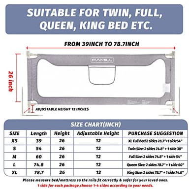 FAMILL Bed Rail for Toddlers with U-Shaped Base, Toddler Bed Rails, Bed Rails Suitable for Queen/King Size Mattress, Extra Length, Grey, 1 Piece, 78.7" - Image 4