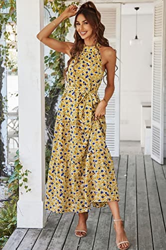 PRETTYGARDEN Women's Summer Floral Maxi Sun Dress Sleeveless Halter Neck Flowy Ruffle Hem Long Boho Dresses with Belt (Floral Yellow,Large) - Image 4