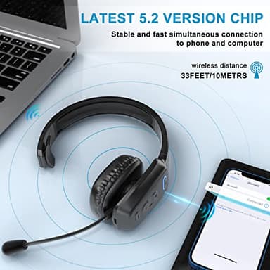 LEAYU Bluetooth Headset, 60hrs Noise Canceling V5.2 Over Head Headphones, Single Ear Trucker Wireless Headset with Mic, Mute Button, Multipoint, for Phones PC Computer Truck Driver Office Work - Black - Image 5