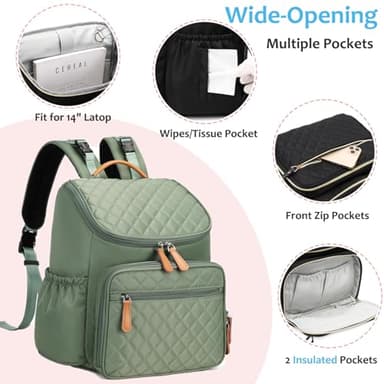 LORADI Large Capacity Diaper Bag Backpack with Stroller Buckle, Water-Resistant Travel Baby Bag with Insulated Pockets (Classic, Green) - Image 4