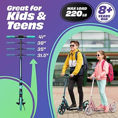 Skidee Kick Scooters for Kids 8-12 - Adjustable Height Up to 41", Foldable, 8" Shock-Absorbing Wheels, 220LBS Capacity - Ultra Smooth Kick Scooter for Adults, Teens & Kids – Lightweight & Portable - Image 3
