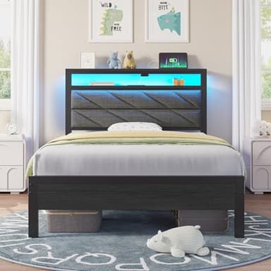 Seventable Bed Frame Twin Size with Charging Station, LED Bed with Upholstered Storage Headboard, Metal Platform Bed with Under Bed Storage, No Box Spring Needed, Noise Free, Easy Assembly, Grey - Image 1