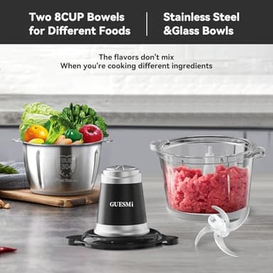 Food Processors, Powerful 500W Food Chopper Meat Grinder & Veggie Chopper with 2 Bowls(8 Cup+8 Cup) & 2 Bi-Level Blades with Electric Food Copper Motor -Vegetable, Onion, Garlic, Meat, Nuts - Image 3