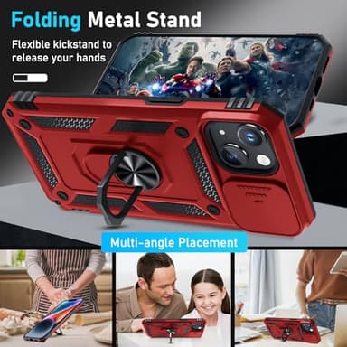 Janmitta Case for iPhone 16e Phone Cover Built in Slide Camera Lens Cover+Screen Protector,Heavy Duty Shockproof Full Body PhoneCase with Finger Ring Holder Kickstand,2025 Red - Image 2