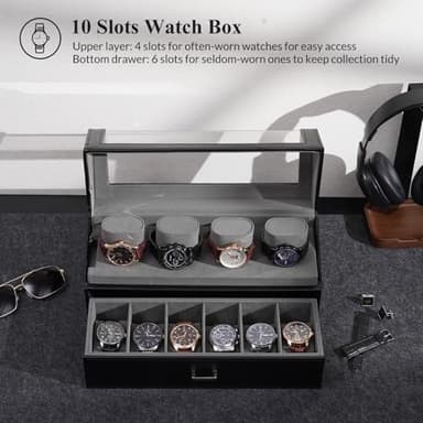 ProCase Watch Case for Men, 10 Slot Watch Display Stand with Acrylic Lid, Watch Display Case with Drawer, 2-Layer Mens Watch Box, Watch Holder Organizer for Men Women -Black - Image 4