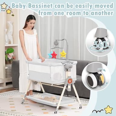 Rocking Baby Bassinet, Bedside Bassinet for Baby, 3 in 1 Bedside Sleeper with Musical Toys, Storage Basket and Wheels, Adjustable Bedside Crib for Newborn, White - Image 7