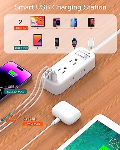 Extension Cord 15 ft - Power Strip Surge Protector, Flat Plug with 6 AC Outlet Extender 3 USB Ports (2 USB-C), 1080J, Multi Plug Outlets Desktop Charging Station for Home College Dorm Room Essentials - Image 5