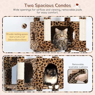 Globlazer Heavy Duty Cat Tree, 74inch Sturdy Cat Tower for Large Cats Adult, Big Cat Tree with 7 Sisal Scratching Posts, 2 Padded Cat Condos, 2 Hanging Baskets, Enlarged Top Perch, S74, Leopard Print - Image 3