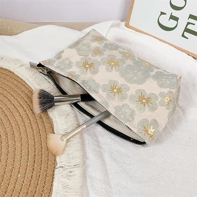 HAPPYHEIDI Small Cute Vintage Floral Makeup Bag Purse Pouch, Accessory Organizer, Metal Zipper, Aesthetic Textured Fabric, Golden Beige Medium - Image 4