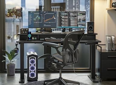 FEZIBO 40 x 24 Inch Height Adjustable Electric Standing Desk with Double Drawer, Computer Desk, Home Office Stand Up Table with 4 Height-Adjustable Feets & 2 Hooks, Black - Image 2