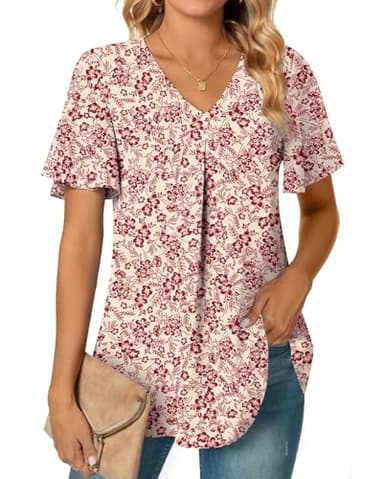 Anyally Women's Summer Dressy Chiffon Blouses V Neck Ruffle Short Sleeve Tunic Tops for Leggings Casual T-Shirts, XL Red Flower White - Image 2