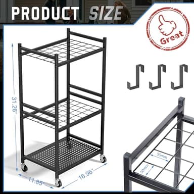 DAOUTIME Garden Organizer With Wheels, Yard Tower Rack for Garage Storage, Up to 35 Long-Handled Tools, Sturdy Metal Steel Holder With 3 Hooks, Outdoor, Black - Image 6