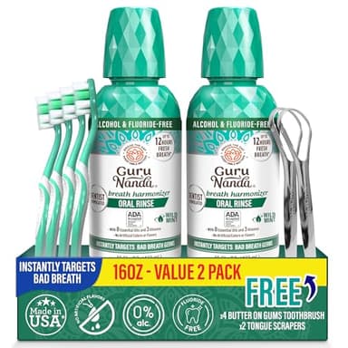 GuruNanda Fresh Breath Mouthwash, ADA-Accepted, Alcohol & Fluoride-Free, Sodium Chlorite, Essential Oils & Vitamins, 12-Hrs Fresh Breath, Wild Mint, 16 oz - 2 Pack - Image 1