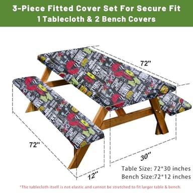XUANQIFC Picnic Table Cover with Bench Covers, 3 Pcs 72" Outdoor Waterproof Tablecloth with Elastic Edges and Flannel Backing Rectangle Tablecloth for RV BBQ Camping 6 Foot Tables (Black 72" x 30") - Image 2