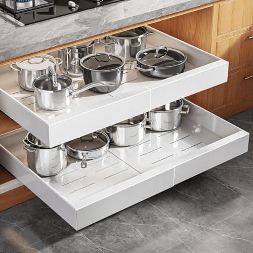 Seinloes 2 Pack Expandable (15.1"-26.3") Pull Out Cabinet Organizer 21" Deep With Raising Pad for Framed Cabinets,Upgrade 3 Slide Rails Slide Out Drawers,No Drill Roll Out Shelves Adhesive,White - Image 1