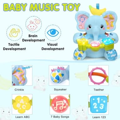 Ryotagift Baby Bilingual Musical Elephant Stuffed Animals Toys,Infant Early Learning Toy with Light-Up Music & Crinkle,Tummy Time Toys for 0 3 6 9 12+ Months for Baby Boy Girl Gift,Blue - Image 3
