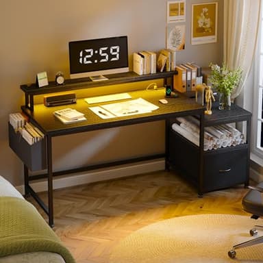 EnHomee 57" Computer Desk with Drawers and Printer Space,Office Desk with Power Outlets,Home Office Desks with File Drawers Cabinet,Study Writing and Gaming Desk with Shelves Monitor Stand,Black - Image 7