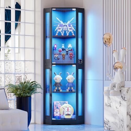 BROTTAR 65" Corner Glass Display Cabinet with LED Lights, 4-Tier Showcase Display Case with Glass Doors & Human Body Sensor for Collectibles, Liquor, Black - Image 1
