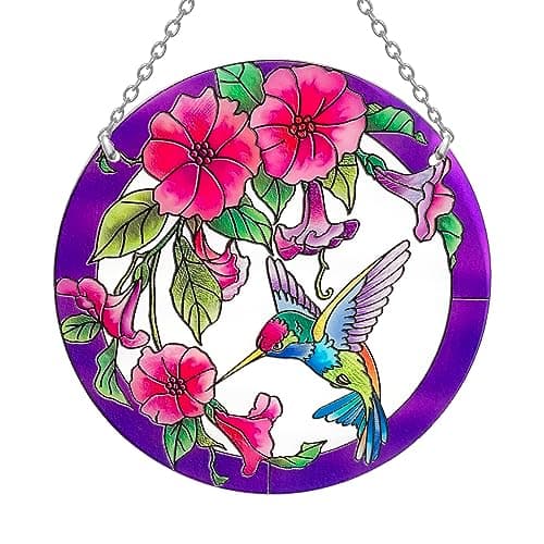 Stained Glass Window Hanging, Hummingbird Gifts for Women, Bird and Flowers Suncatcher for Window, 6" Purple Sun Catchers, Hand Painted Glass for Birds Lover (6 inch) - Image 1