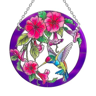 Stained Glass Window Hanging, Hummingbird Gifts for Women, Bird and Flowers Suncatcher for Window, 6" Purple Sun Catchers, Hand Painted Glass for Birds Lover (6 inch) - Image 1