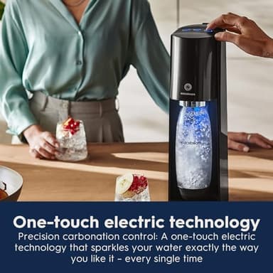 SodaStream - E-TERRA Soda Maker | VALUE BUNDLE | 3 Automatic Carbonation Levels | Includes 2x CO2 Cylinders, 3x 32 Fl Oz Dishwasher Safe Bottles, 2x Bubly Fruit Flavor Drops, 1x Power Adapter | Black - Image 6