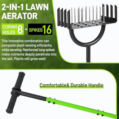 Manual Lawn Aerator Tool, 2-in-1 Spike Air Aerators and Core Aerator, 16 Iron Spikes, 8 Cores Grass Aeration,Pre-Assembled Spike Manual Dethatching & Soil Aerator Garden Tools - Image 2