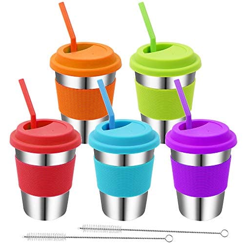 Rommeka Stainless Steel Kids Cups, 5 Pack Colorful Drinking Tumbler Sippy Cup with Silicone Lids and Straws Metal Mugs for Toddlers, Children and Adults - 12oz - Image 1