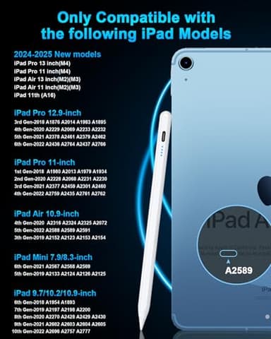 Stylus Pen for iPad 10th&11th(A16) - Type-c Charging Pencil for ipad Palm Rejection Active Pen Compatible with (2018-2025) Apple iPad 6/7/8/9/10/11, Air 3/4/5/M2/M3, Mini 5/6, Pro 11"/12.9"/M4 (White) - Image 2